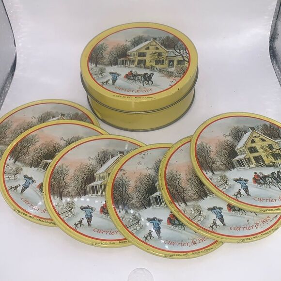 Vintage Currier & Ives Winter Coaster Set in Tin - Picture 1 of 7